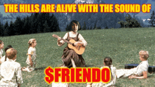 a woman playing a guitar in a field with the words the hills are alive with the sound of $friendo