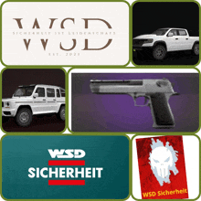 a collage of images including a car a gun a poster and a wsd sicherheit logo