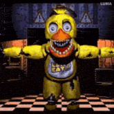 chica the chicken from five nights at freddy 's is standing in a room with her arms outstretched .