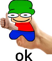 a hand is giving a thumbs up with a cartoon character and the word ok below it