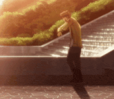 a man in a yellow jacket is standing on a set of steps