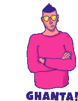 a cartoon drawing of a man wearing sunglasses and a pink sweater with the word ghanta below him