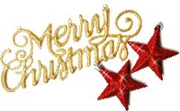 a gold merry christmas sign with two red stars on a white background