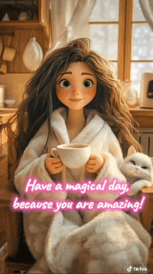 a girl in a bathrobe is holding a cup of coffee and a cat ..