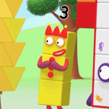 a yellow block with a purple mustache and a crown on his head .