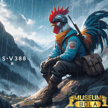 a rooster wearing a jacket with the number 392 on it is sitting on a rock