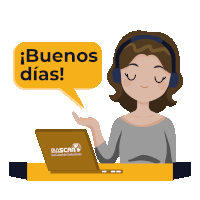 a woman wearing headphones is sitting in front of a laptop that says buenos dias