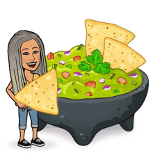 a cartoon woman is standing next to a bowl of guacamole