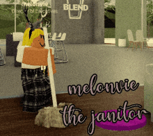 a video game character is mopping the floor and the name melonvie the janitor is on the bottom