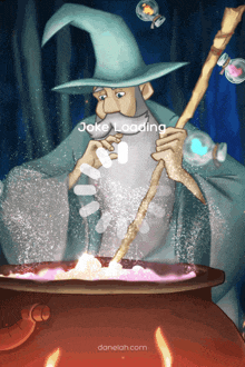 a wizard is stirring something in a cauldron while a joke loading screen appears