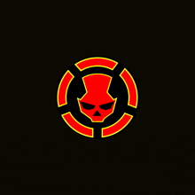 a red skull in a black circle with yellow lines