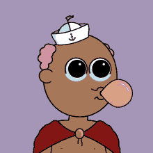 a cartoon character wearing a sailor hat blowing a bubble gum