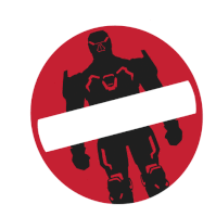 a silhouette of a robot in a red circle with a white line across it