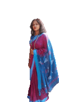 a woman in a purple and blue saree with a necklace