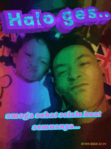 a picture of a man and a child with the words halo ges on top