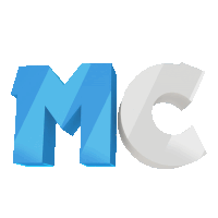 a blue letter m is next to a white letter c on a white background