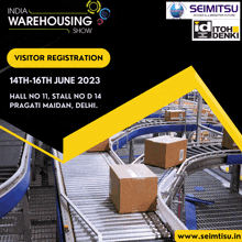 a poster for the india warehousing show shows a conveyor belt with boxes on it