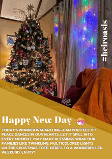 a poster that says happy new day with a christmas tree