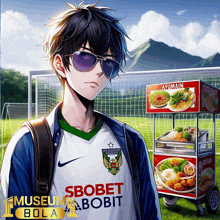 a boy wearing sunglasses and a shirt that says sbobet on it