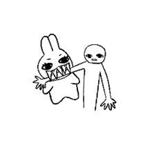 a black and white drawing of a rabbit with big teeth attacking a stick figure .