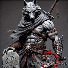 a statue of a wolf holding a sword and a tombstone that says slot wolf on it