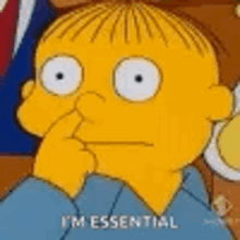 ralph from the simpsons is holding his nose while thinking and saying `` i 'm essential '' .