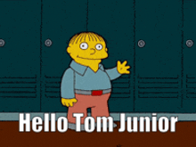 a cartoon character says hello tom junior in front of a row of lockers