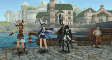 a group of anime characters are standing on a cobblestone street