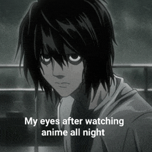 a black and white drawing of a person with the caption " my eyes after watching anime all night "