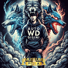 a man with a hoodie that says auto wd disini is surrounded by two wolves