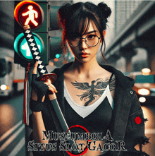 a woman with a tattoo on her chest is holding a sword in front of a traffic light and museumbola situs slot gacor