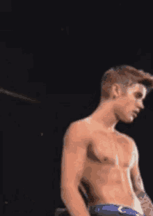 a shirtless man is standing on a stage in front of a crowd .