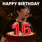 a man blowing out candles on a cake that says 16
