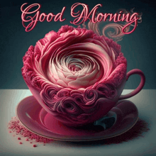 a cup of tea with a rose in it and the words good morning on the bottom