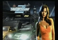 a woman in an orange dress is standing in front of a car in a video game .