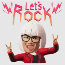 a cartoon character with white hair and glasses making a rock sign