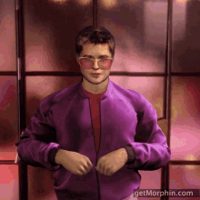 a man wearing sunglasses and a purple jacket has the website getmorphin.com displayed below him