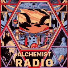 a poster for alchemist radio shows a group of people in a room