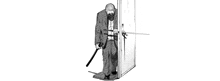 a black and white drawing of a man in a suit holding a cane while standing next to a door .