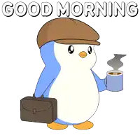a penguin wearing a hat and carrying a briefcase is holding a cup of coffee and says good morning