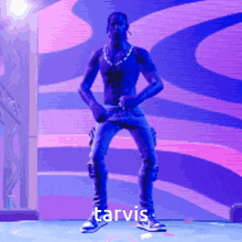 a man is dancing in front of a purple background and the word tarvis is above him