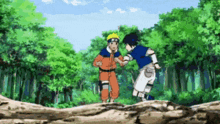 naruto and sasuke are standing next to each other in a forest .