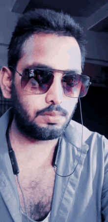 a man with a beard wearing sunglasses with a reflection of a person 's face