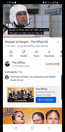 a screenshot of a youtube app showing michael vs dwight