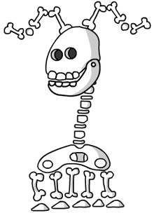 a black and white drawing of a skeleton with bones coming out of it .