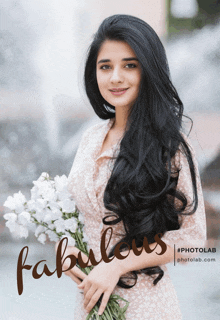 a woman with long black hair is holding a bouquet of white flowers and the word fabulous is on the bottom