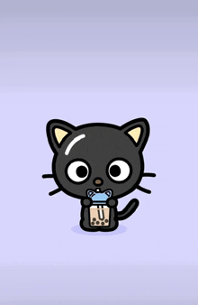 a black cat is holding a cup with the letter j on it