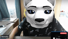 a person wearing a furry mask is sitting at a desk with normally written on the bottom