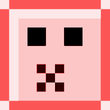 a pixel art drawing of a pink square with black squares and red squares