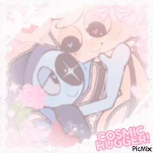a picture of two cartoon characters hugging with the words cosmic hugger